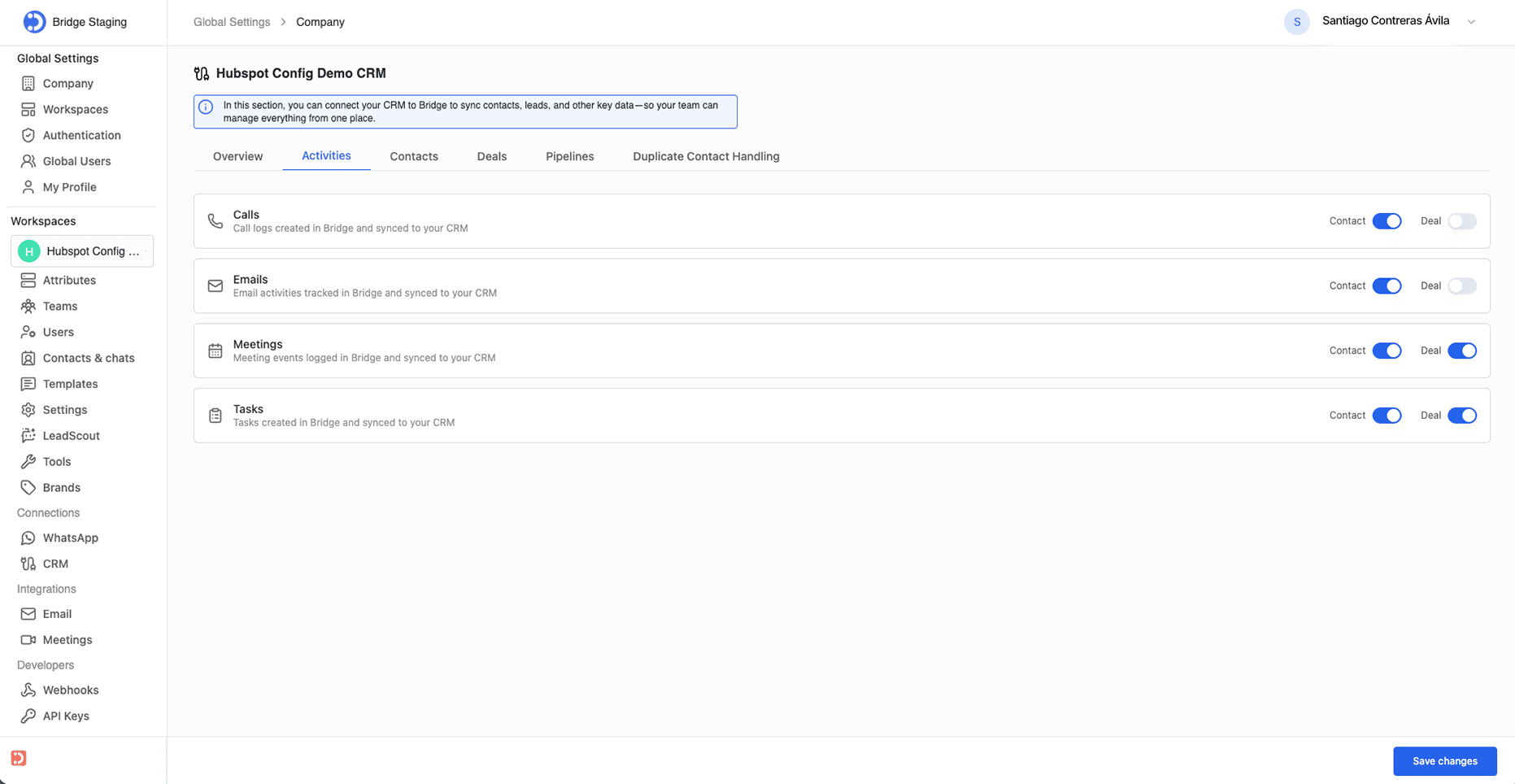 The Activities tab controls which activity types Bridge syncs to HubSpot. Each activity type has independent toggles for Contact-level and Deal-level association.
