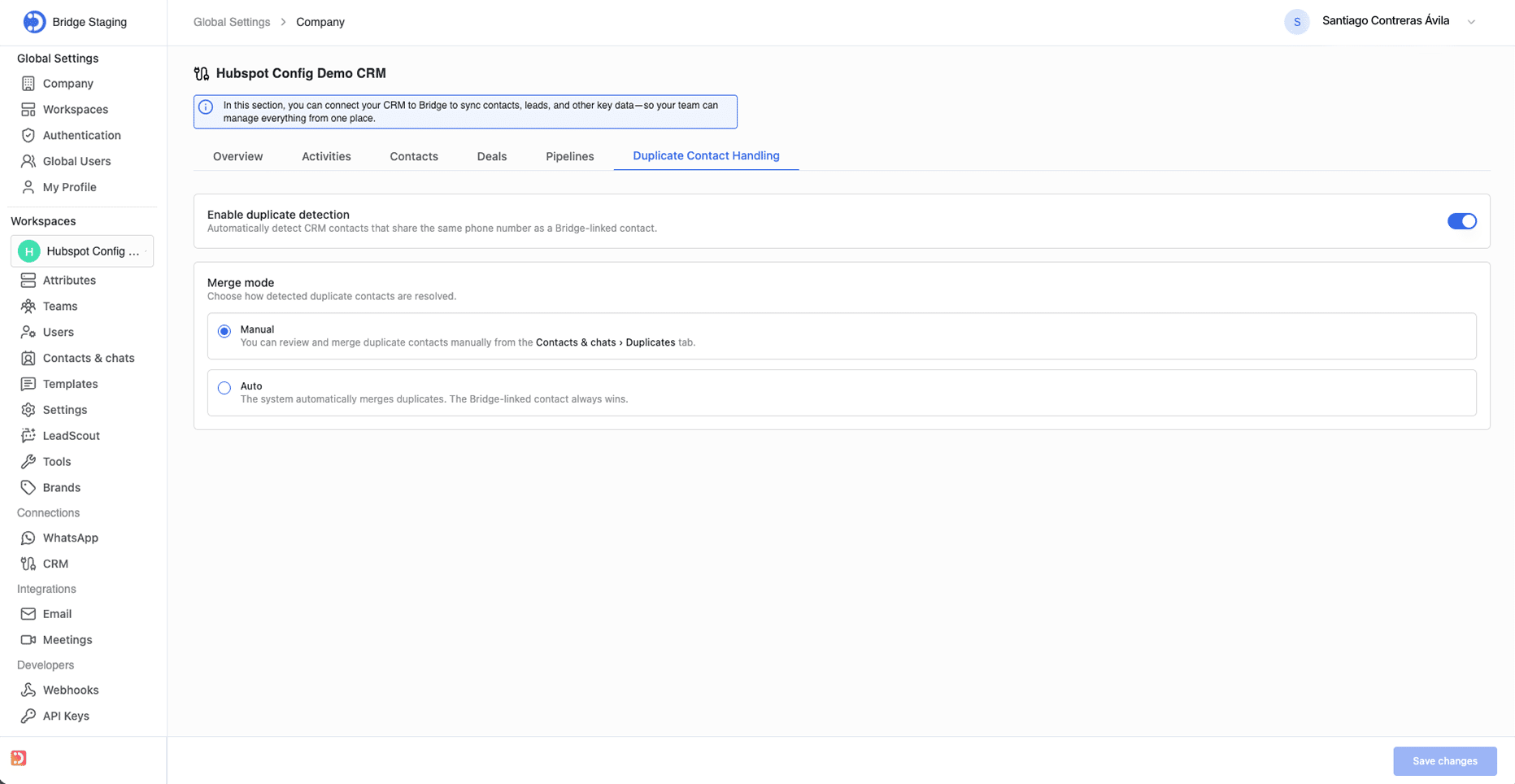 Bridge can detect and resolve duplicate contacts across both systems using phone number as the matching key.
**Configuration**
- Enable duplicate detection: turns on automatic matching between HubSpot contacts and Bridge-linked contacts that share the same phone number.
- Merge mode: Manual or Auto.
