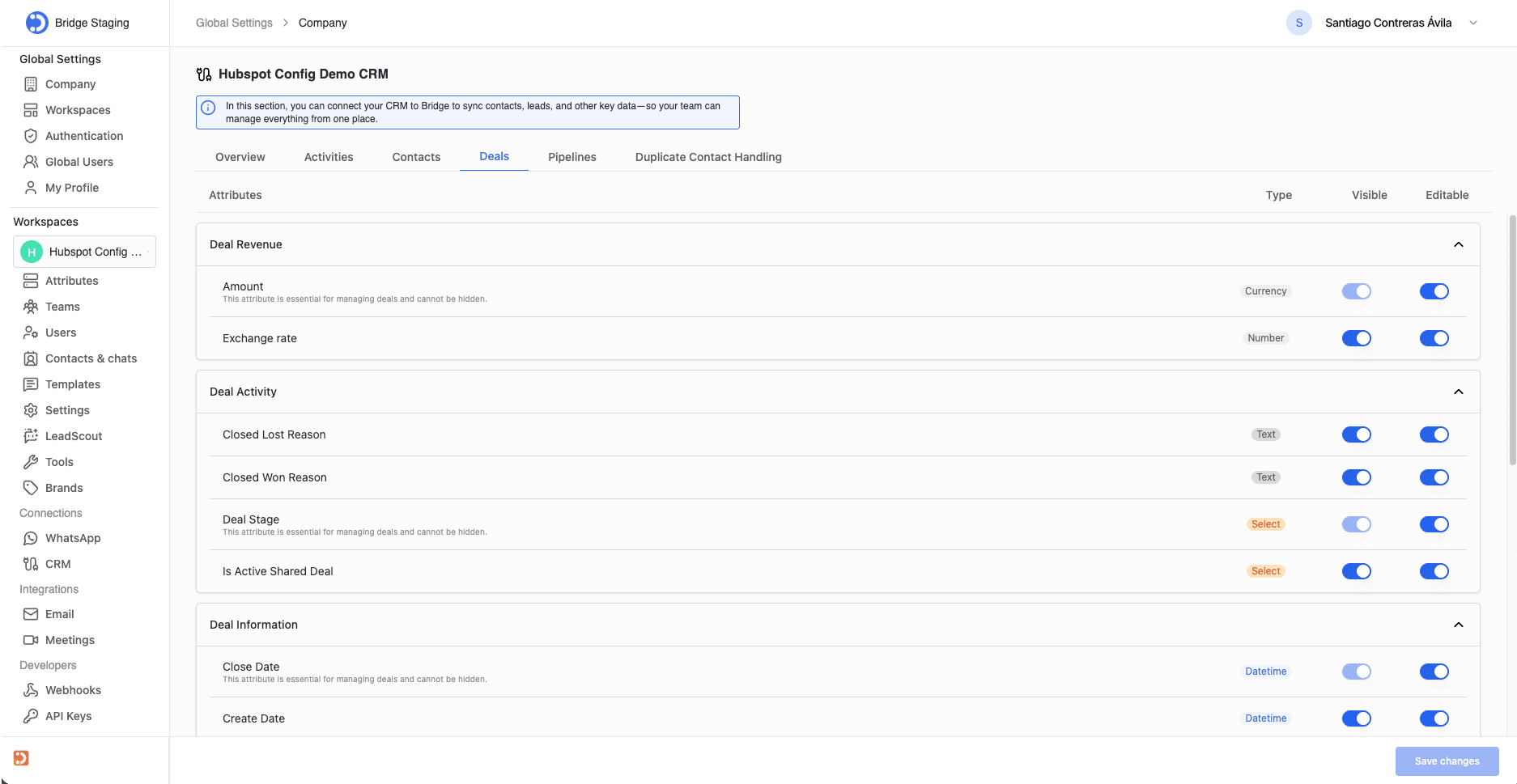 The Contacts and Deals tabs let administrators control field-level access. For each field, two toggles are available:  
- Visible: whether the field appears in Bridge's interface.
- Editable: whether users can modify the field's value from Bridge.  
    
Fields are grouped into logical sections. For Deals, the sections are:
- Deal Revenue: Amount (essential), Exchange rate
- Deal Activity: Closed Lost Reason, Closed Won Reason, Deal Stage (essential), Is Active Shared Deal.
- Deal Information: Close Date (essential), Create Date, Date of payment, Deal Name (essential), Deal Type, Deal Description, Deal probability, Forecast probability, Forecast category