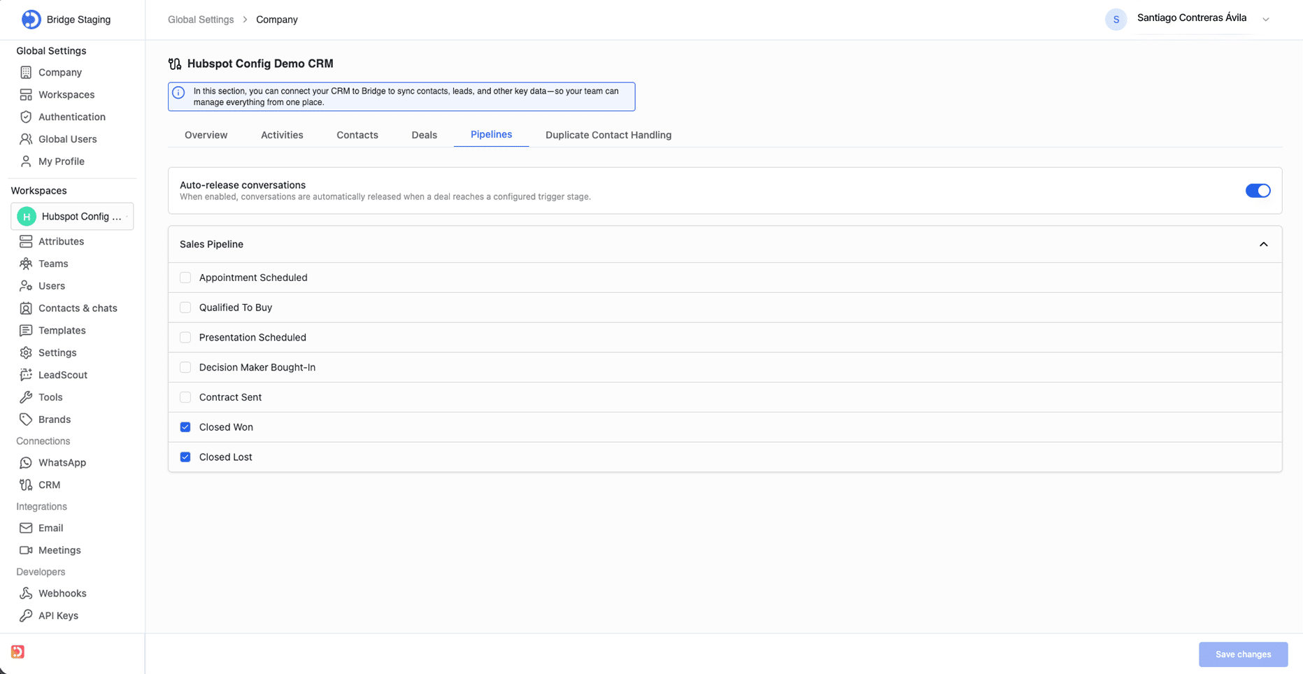 The Pipelines tab configures automatic conversation release based on HubSpot deal stages. When a deal reaches a configured trigger stage, Bridge automatically releases the associated conversation from the active queue.
**Auto-release configuration**
- Enable the 'Auto-release conversations' toggle at the top of the tab.
- For each HubSpot pipeline, expand the section to view all its stages.
- Check the stages that should trigger auto-release (default: Closed Won and Closed Lost).
- Changes take effect immediately for new deal stage transitions.