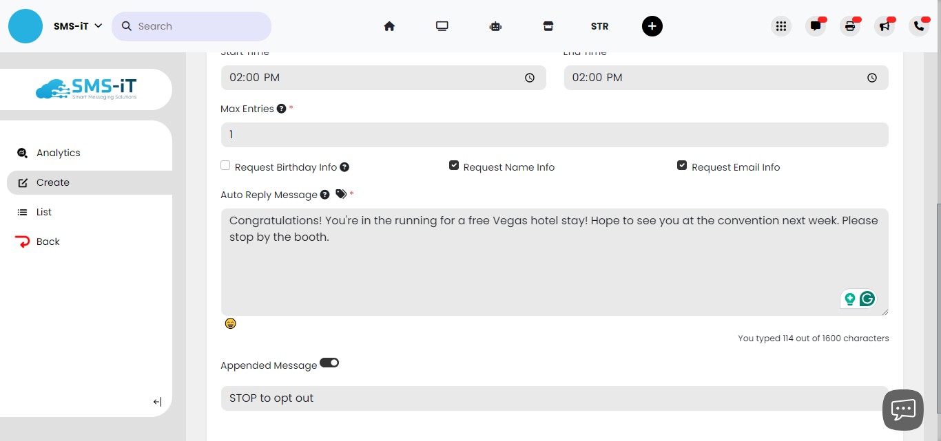 Create an auto-reply message, this is the message that will be sent to the participant after he texts in the "keyword"