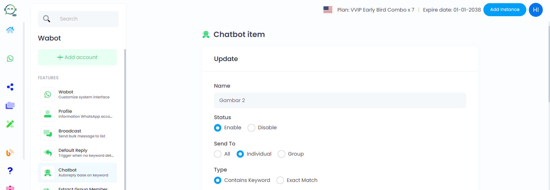 Following the same setup as before, simply name your chatbot as you prefer. Proceed with the remaining settings exactly as demonstrated