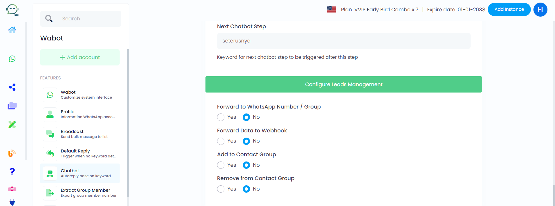 This step is key. "Next Chatbot Step" decides the next action. Use a unique, secret keyword to avoid common triggers. As we're sending multiple images, the keyword initiates the next image