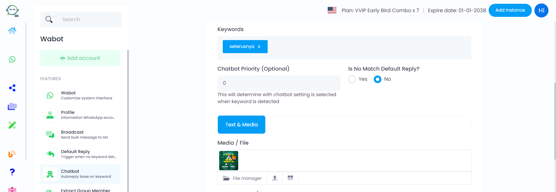 For the "Keywords" section, put the same keyword you used in the "Next Chatbot Step" of the first chatbot