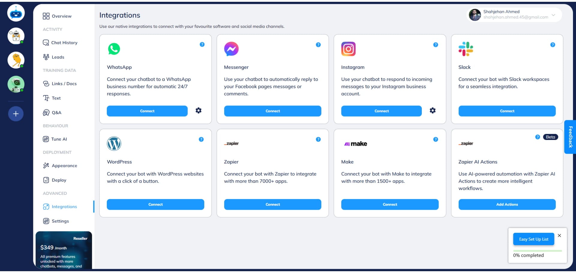 After clicking on Finish, the integration will be completed. You can check the connected WhatsApp number on the Integration page by clicking on the "Settings" icon.