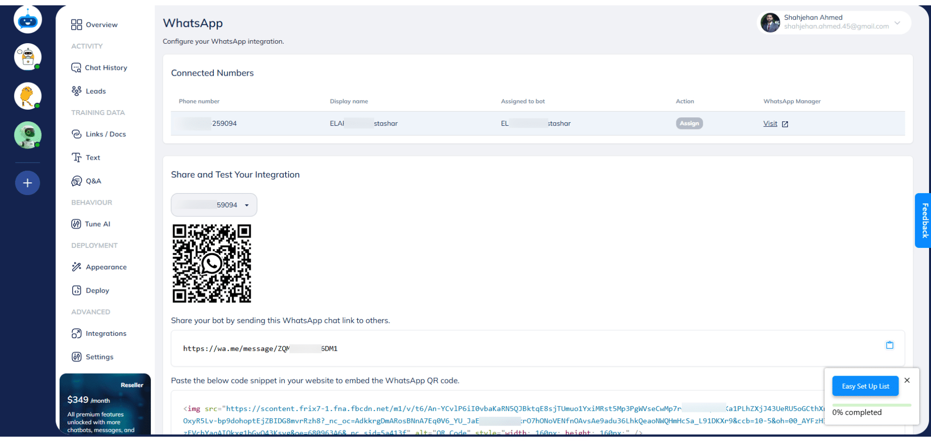 On this page, you can see the details of the WhatsApp integration. You can see the phone number, the display name of the chatbot on WhatsApp.

Assigned to bot shows the name of the chatbot to which the WhatsApp is assigned. The "Assign" button under the "Action" column will be greyed out by default. It means the chatbot is successfully assigned to the chatbot. 

