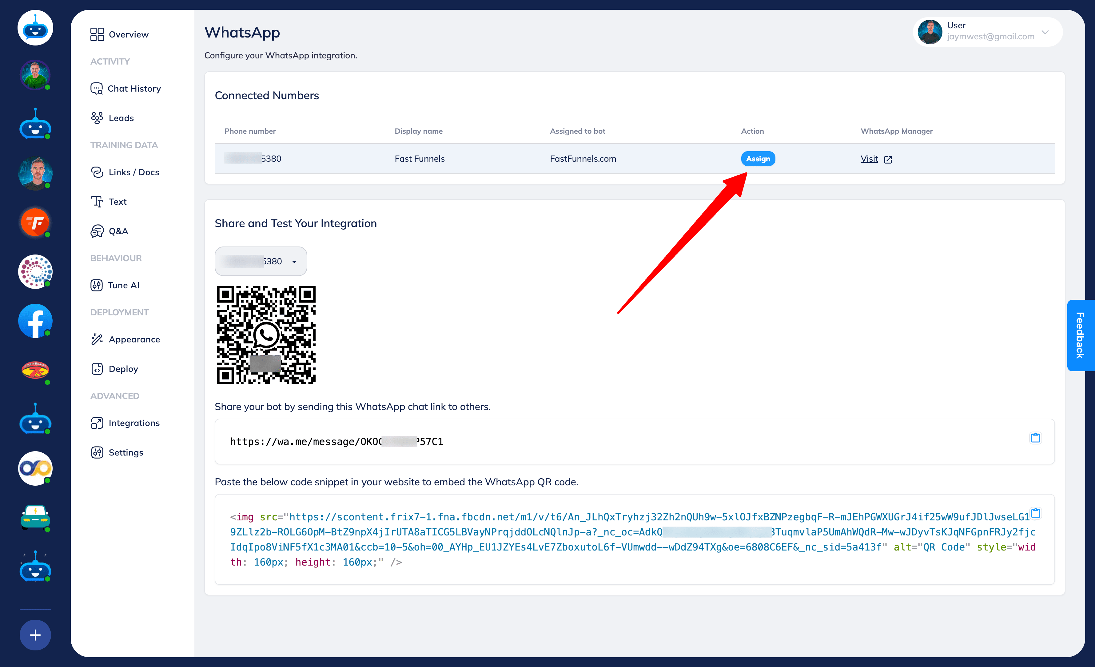If the Assign button is Blue, it means the chatbot is not assigned to this phone number/WhatsApp. So, you have to click on the "Assign" button to connect the chatbot with the WhatsApp account. 