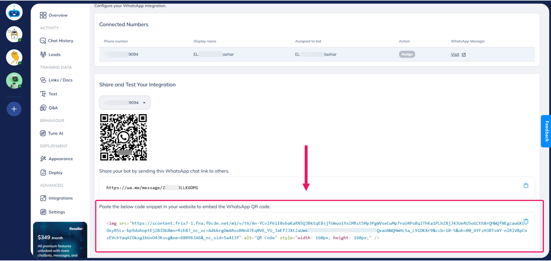 If you want to install a WhatsApp chat icon on your website that takes the user directly to the WhatsApp chatbot so they can have a conversation with the chatbot, you can use this code snippet in your website to embed the WhatsApp QR code.