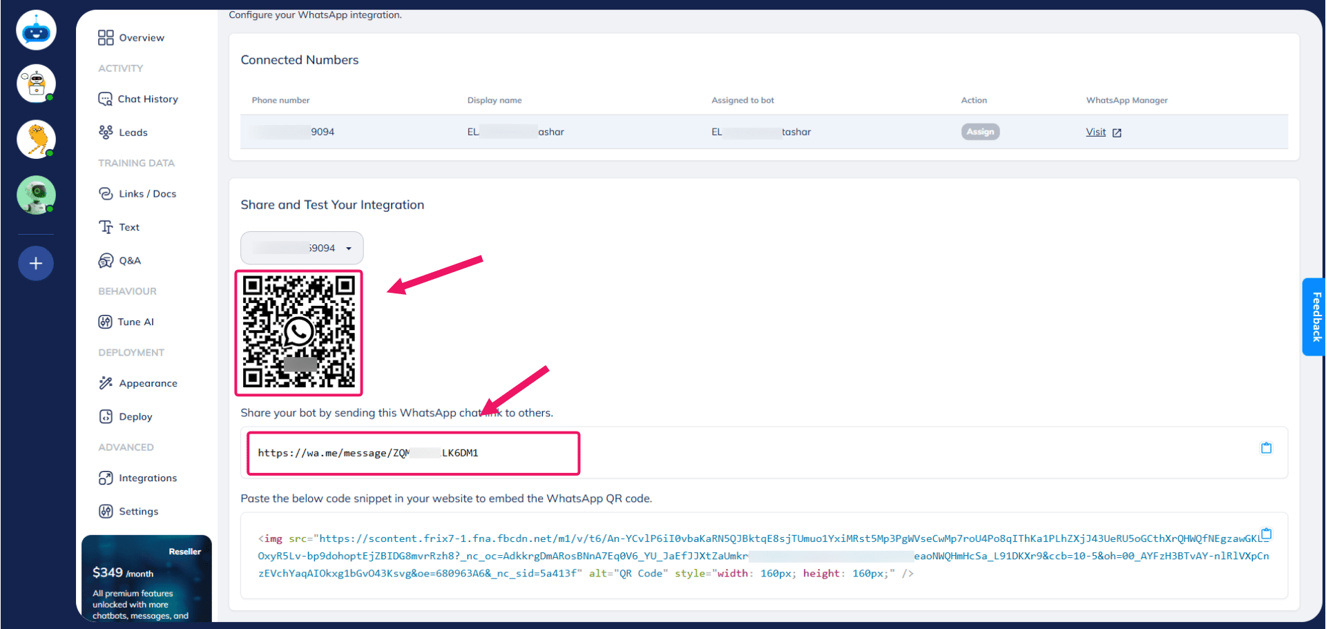 Once your WhatsApp account is successfully configured with your chatbot, you can share it by downloading the QR code or the WhatsApp link shown below.