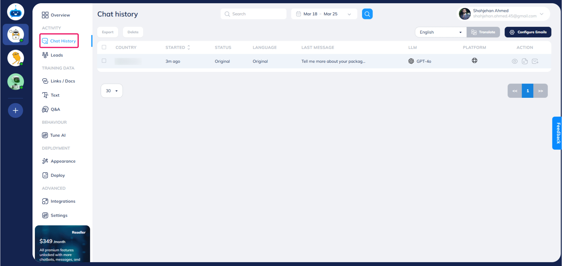 You can check all the conversations in your chatbot on the "Chat History" page.