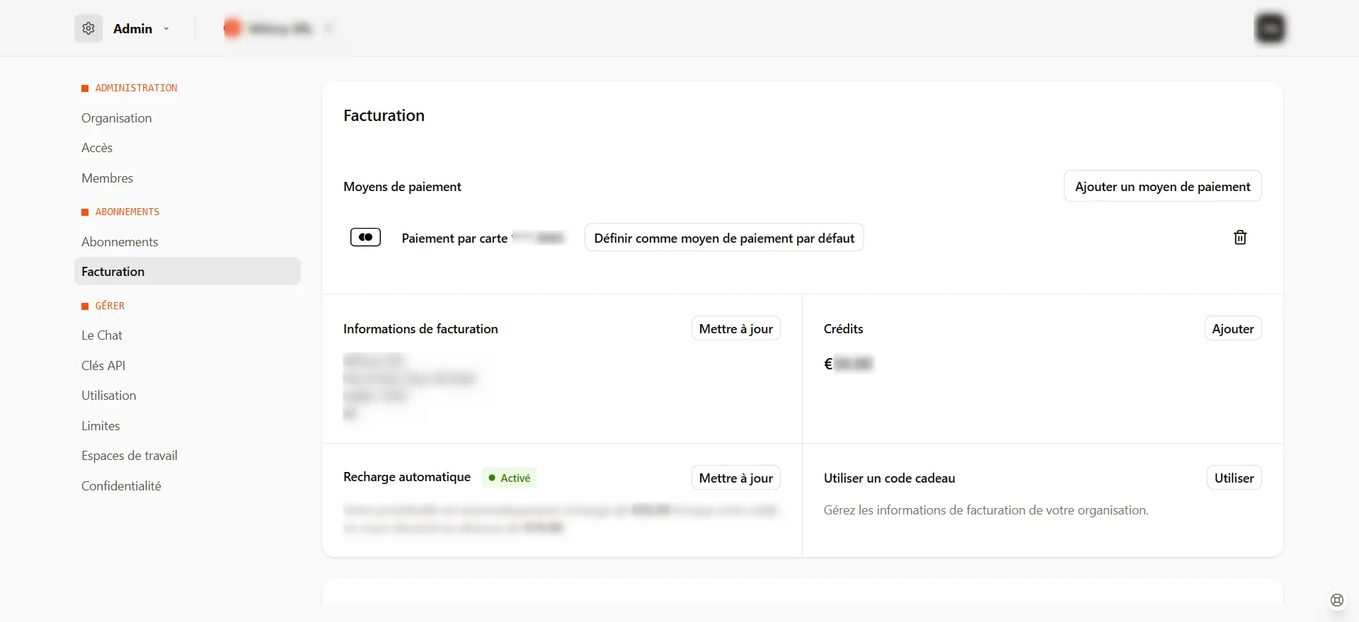 Les crédits ajoutés sont visible dans la rubrique facturation