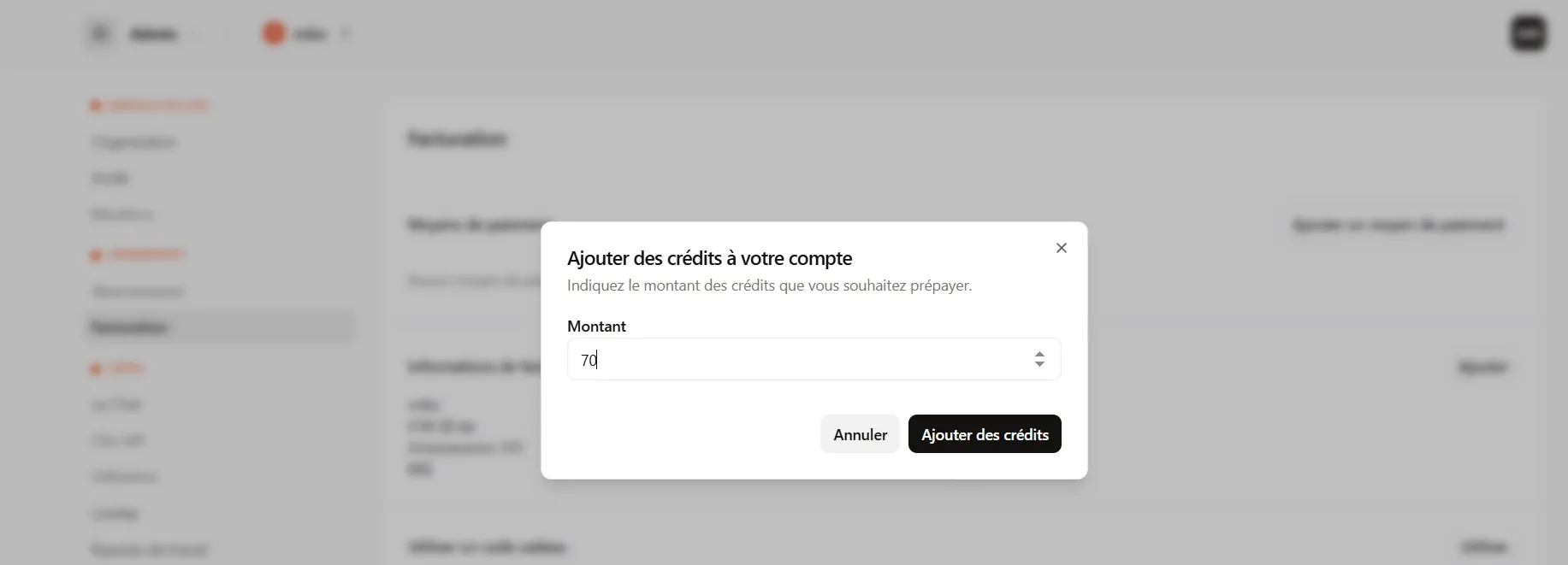 Choisissez le montant du crédit à ajouter 