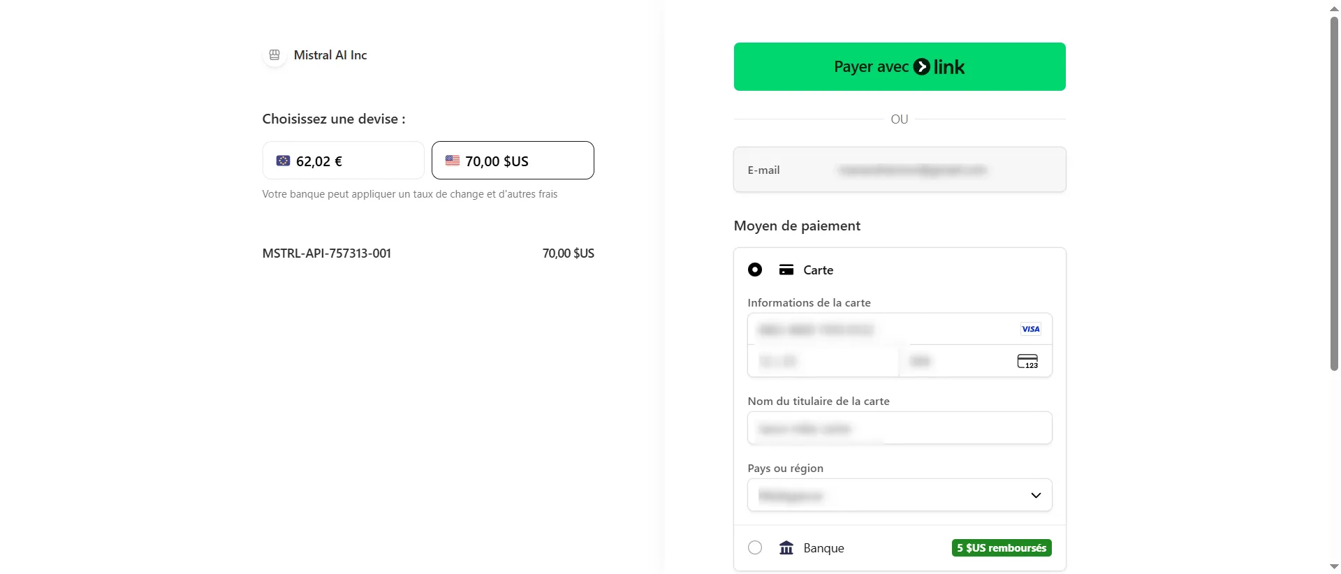 choisissez le devise que vous voulez utiliser pour le montant