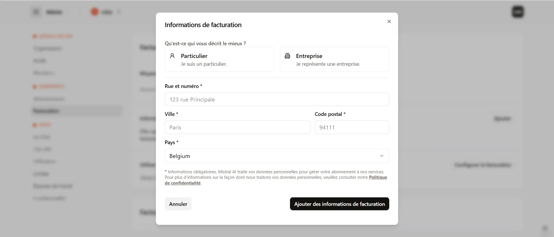 Si vous avez choisi particulier
Remplissez les champs:
Rue/Ville/Code postal/Pays
