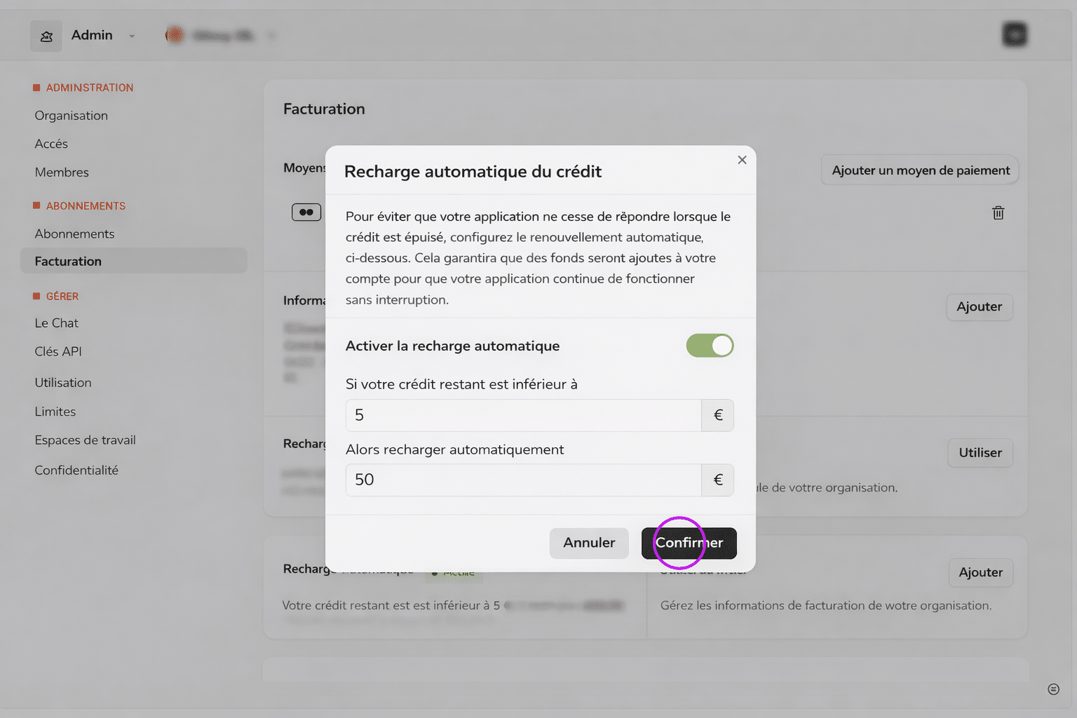Cliquez sur "activer la recharge automatique"
&nbsp;
## Pourquoi activer le renouvellement automatique du crédit (Mistral AI) ?
&nbsp;
Mistral AI fonctionne également avec un système de crédits.
Si le solde atteint 0 €, les requêtes API sont bloquées et l’application peut cesser de répondre immédiatement.
&nbsp;
Activer le renouvellement automatique permet d’éviter toute interruption de service en rechargeant automatiquement le compte lorsque le solde devient trop faible.
&nbsp;
C’est pour cela que nous devons activer le réajustement automatique lorsque le crédit passe en dessous de 5 €, afin de garantir la continuité de l’application en production.