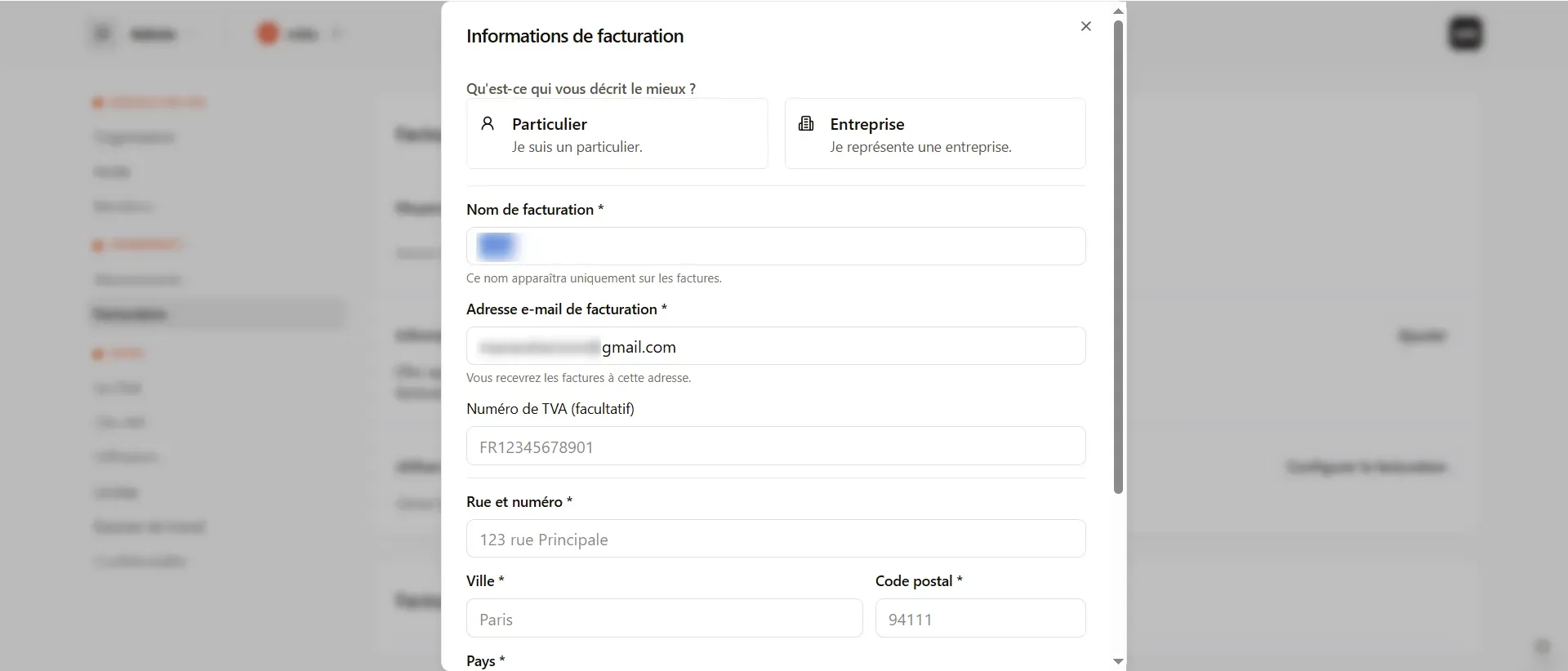 Si vous avez choisi entreprise:
Remplissez les champs:
Nom de facturation/Adresse mail/Numéro de TVA (si vous en avez un)/Rue /Ville/Pays/Code postal
