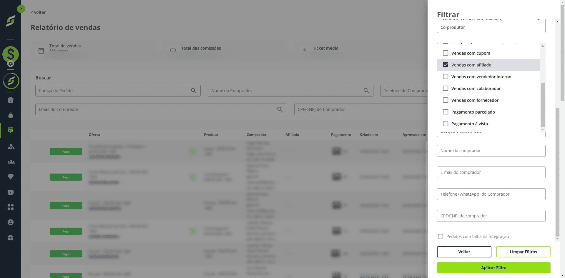 Clique em Aplicar filtro.
Pronto! Agora você poderá visualizar ou exportar todas as vendas realizadas por afiliados, respeitando os demais filtros aplicados.